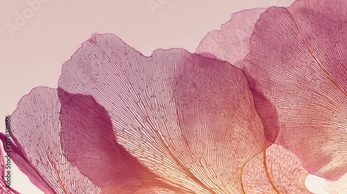 Translucent pressed flower petal in purple pink and orange gradient overlapping on soft beige background revealing intricate vein network. Perfect for botanical elegance and beauty concepts.