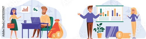 Two professionals discussing financial planning in a modern office setting