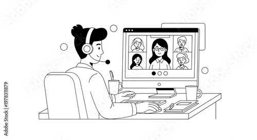 Person wearing headset participates in a video conference call with multiple participants displayed on a computer screen, conveying remote collaboration and communication.