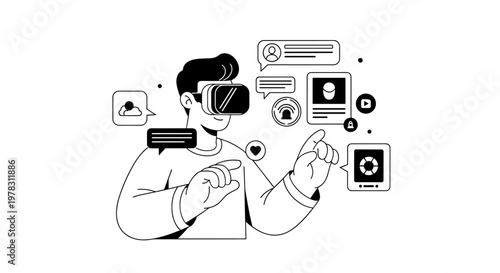 Person wearing virtual reality headset interacting with digital interfaces, social media icons, chat bubbles, and data charts, representing immersive technology experiences and