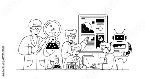 Scientists collaborate in a modern laboratory, examining experiments with magnifying glass, flasks, test tubes, and interacting with a futuristic robot and digital display showing