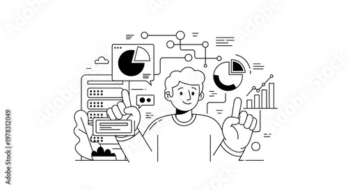 Smiling man pointing towards data analytics charts, pie graphs, server racks, and cloud symbols, representing business intelligence, digital marketing strategy, and technological
