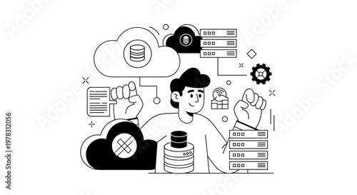 Smiling person interacting with diverse cloud computing elements, featuring data stacks, server racks, and network symbols, utilizing clean line art for scalable digital asset