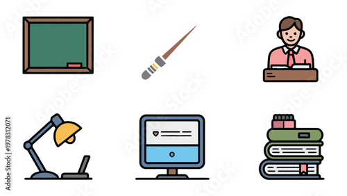 Educational Toolkit: Essential elements of a classroom, a flat design set featuring chalkboard, a pointer stick, and a teacher, symbolizing learning environment.
