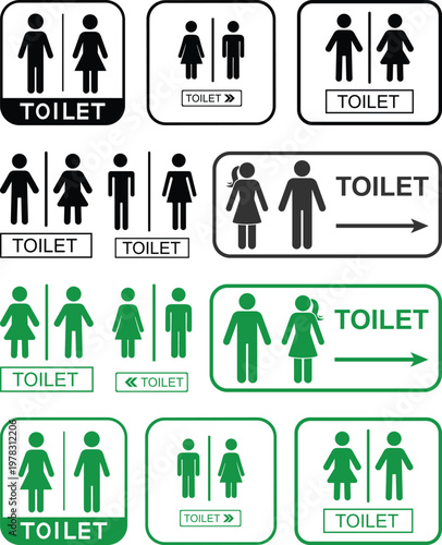 Toilet signs with male and female icons set in different styles and colors, including directional arrows, isolated on white background, perfect for restroom signage and public guidance.
