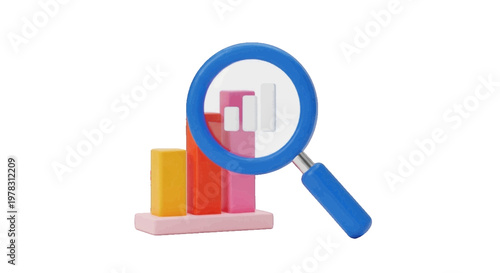 Vector illustration of 3d illustration of a magnifying glass examining a colorful bar chart on a transparent background