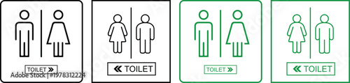 Toilet signs with male and female icons set in different styles and colors, including directional arrows, isolated on white background, perfect for restroom signage and public guidance.
