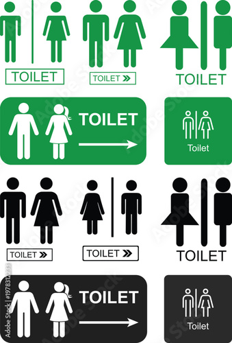 Toilet signs with male and female icons set in different styles and colors, including directional arrows, isolated on white background, perfect for restroom signage and public guidance.