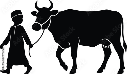 Islamic holiday silhouette featuring boy wearing traditional cap leading sacrificial cow during eid al adha celebration event on transparent background.