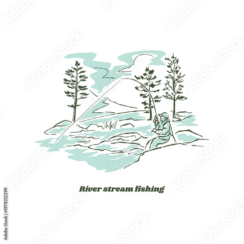 River stream fishing vector illustration adventure fisherman fishing flyfishing angler trout on river forest national park nature.