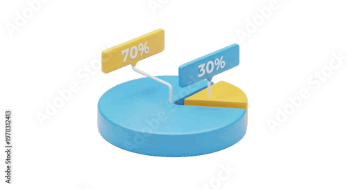 Vector illustration of 3d pie chart with 70 percent and 30 percent segments on a transparent background