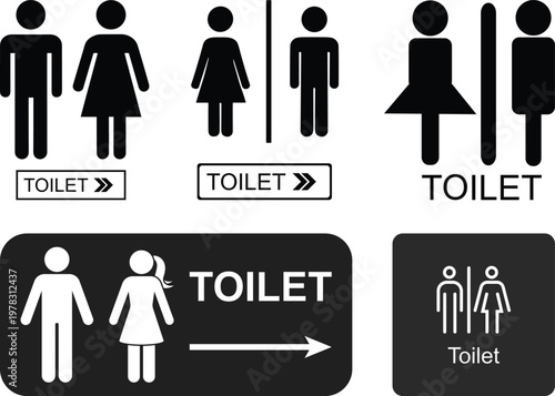 Toilet signs with male and female icons set in different styles and colors, including directional arrows, isolated on white background, perfect for restroom signage and public guidance.