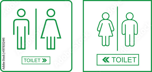 Toilet signs with male and female icons set in different styles and colors, including directional arrows, isolated on white background, perfect for restroom signage and public guidance.