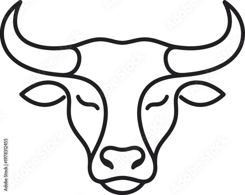 Minimalist taurus bull head line art illustration with curved horns and symmetrical features for modern zodiac branding and clean animal logo design.
