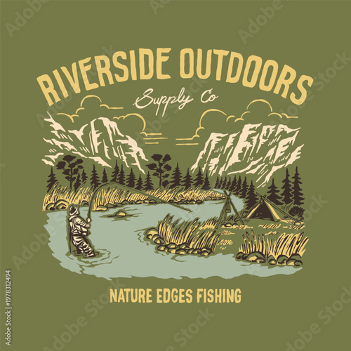Riverside outdoors retro vector illustration adventure fisherman fishing flyfishing angler trout on river forest national park nature. Vintage outdoor apparel design supply gear	
