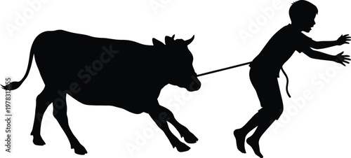 Silhouette boy running with cow on rope, dynamic action, rural scene, farm animal, simple graphic, side view, isolated on white background.