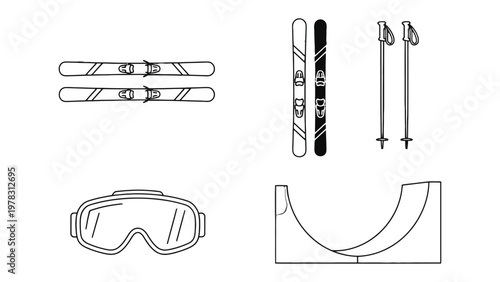 Skiing Essentials: A collection of skiing equipment including skis, poles, and goggles, are displayed, showcasing the necessary tools for a day on the slopes.