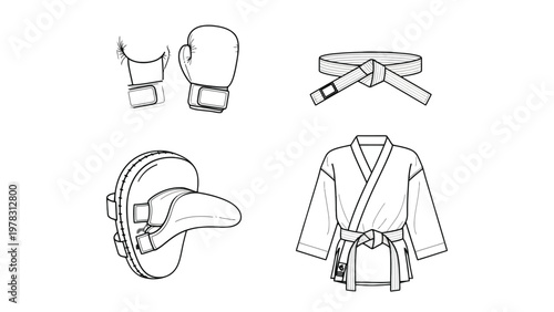 Martial Arts Gear Illustration: A detailed illustration showcasing the essential equipment for martial arts training, highlighting the tools of discipline and combat.