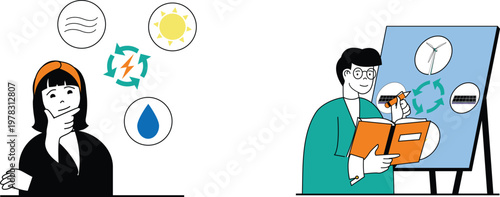 Woman managing home energy usage with smart devices and a man working on energy-efficient solutions