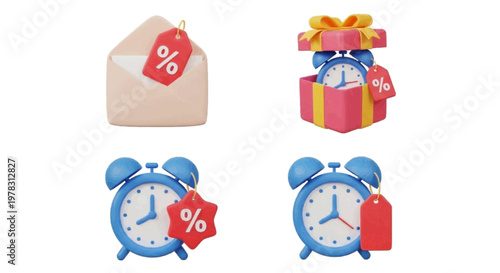 Vector illustration of 3d render set of discount icons with alarm clock, gift box and envelope on a transparent background