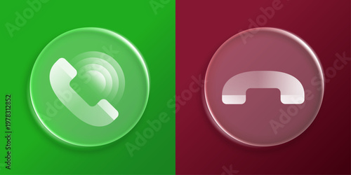 Liquid Glass Call and Hang Up Buttons. Green Accept and Red Decline Phone Icons for Modern UI Interface Design
