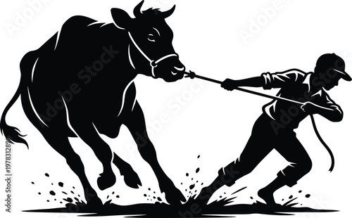 Silhouette of a farmer struggling to control a charging bull with a rope in field with dust splashing vector art.