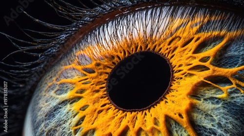 Iris pattern depth extreme macro closeup human eye detailed structure eyelash texture dramatic lighting natural variations