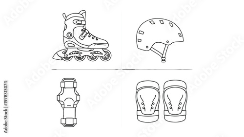 Essential Skating Gear: Detailed illustration of inline skate, helmet, and protective gear, ready for adventure on the streets or in the skate park. 