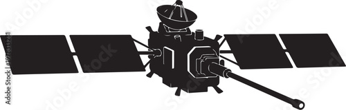 Space satellite, spacecraft, solar panel, antenna, black and white vector illustration