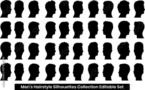 Diverse collection of men’s Hairstyle Silhouettes profile showcasing various hairstylesor Artwork