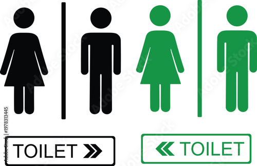 Toilet signs with male and female icons set in different styles and colors, including directional arrows, isolated on white background, perfect for restroom signage and public guidance.