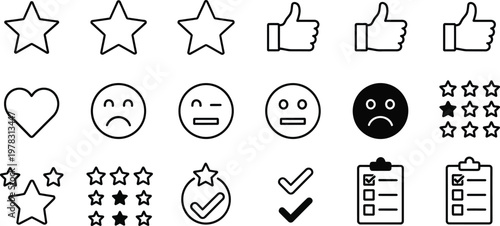Feedback Icon Set: Diverse selection of minimalist icons representing various aspects of evaluation, from positive reinforcement to satisfaction levels.