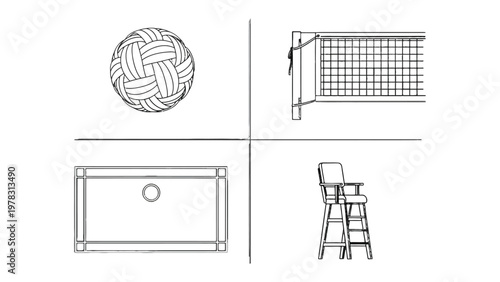 Volleyball Court Elements Illustration: A stylized illustration depicting key components of a volleyball court, showcasing the ball, net, court, and referee's chair in a clean, minimalist style.