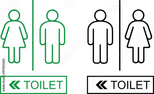 Toilet signs with male and female icons set in different styles and colors, including directional arrows, isolated on white background, perfect for restroom signage and public guidance.