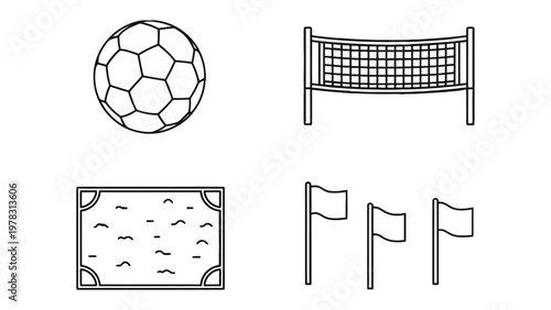 Sports Equipment Outlined: A collection of essential sports equipment, meticulously outlined. It features a soccer ball, volleyball net, game board, and flags, each rendered with simple, clean lines.