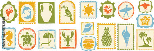 Colorful retro summer postage stamp set vector. Tropical beach elements including dolphin, turtle, pineapple, lobster and seahorse icons, perfect for travel and coastal designs.