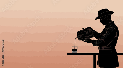 Silhouette of a man in a hat pouring whiskey from a small barrel into a glass, minimalist style