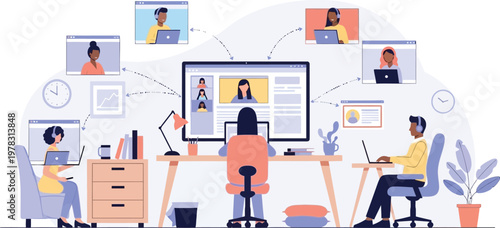 Virtual Workspace: A modern representation of remote work and digital collaboration, showcasing individuals connected through virtual meetings, highlighting the interconnectedness of a global team.