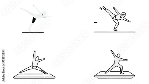Dynamic Yoga Poses: A series of dynamic yoga poses in a minimalist monochrome style, showcasing balance and flexibility, perfect for fitness concepts.