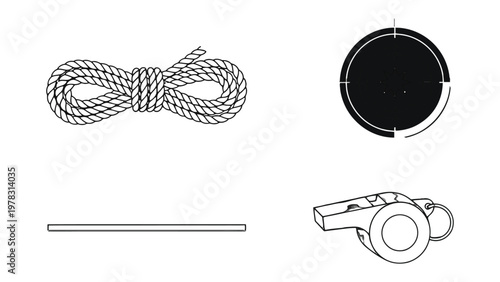 Essentials for the Journey: A collection of essential equipment, a tightly coiled rope, a sleek rod, a whistle and a target, representing the building blocks of an endeavor or exploration.
