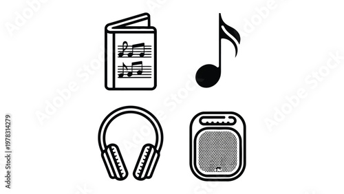 Music Icons in Monochrome: A collection of elegantly minimalist line art icons symbolizing the essence of music, including sheet music, a musical note, headphones, and a speaker.