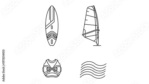 Windsurfing Elements: A set of isolated line art illustrations showcasing key windsurfing elements: a windsurf board, sail, harness and water waves. 