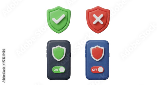 Vector illustration of 3d render of security shield icons with checkmark and cross mark on a transparent background