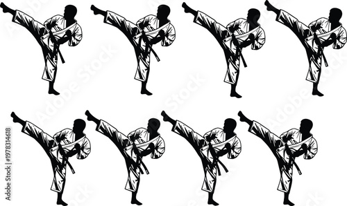 Collection of martial arts silhouettes featuring a karate fighter performing high side kicks for professional sports and dojo design projects.