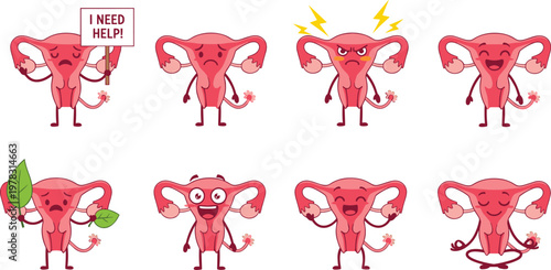 Vector Set of Cartoon Uterus Characters Expressing Different Emotions and Situations for Health and Awareness Campaigns
