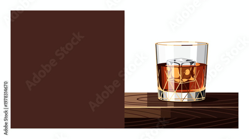 Amber Whiskey in Glass with Ice Cube on Wood Surface, Golden Trim, Warm Tones