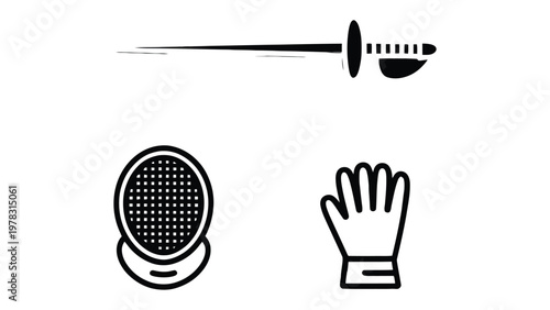 Fencing Gear Icon Set: Minimalist icons depicting the essential equipment for the sport of fencing, ideal for sports, design and education purposes. 