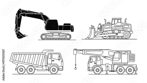 Construction Equipment Line Art: A set of detailed line drawings showcases various construction machinery, each illustration highlighting the intricate design of the heavy-duty vehicles.