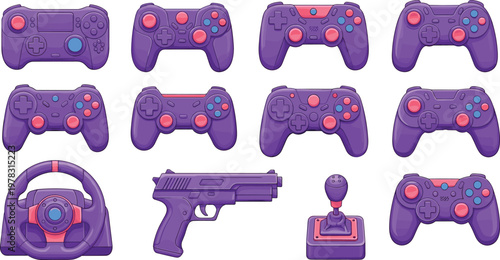 Gaming controller vector set with purple gamepads, joystick, steering wheel and blaster gun in modern cartoon style isolated on clean background