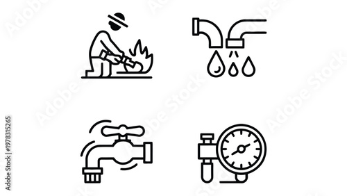 Water Management Icons: A comprehensive set of line icons illustrating essential aspects of water management, encompassing fire safety, water flow, faucet control, and pressure measurement.